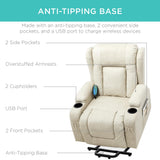 Best Choice Products PU Leather Electric Power Lift Chair, Recliner Massage Chair, Adjustable Furniture for Back, Legs w/ 3 Positions, USB Port, Heat, Cupholders, Easy-to-Reach Side Button - Beige Best Choice Products