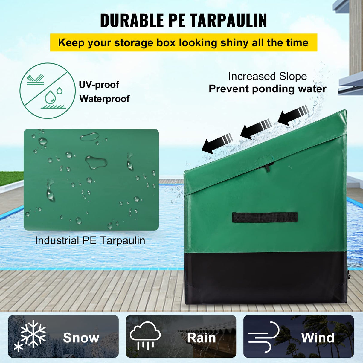 VEVOR Outdoor Storage Box, 230 Gallon Waterproof PE Tarpaulin Deck Box w/Galvanized Frame, All-Weather Protection & Portable, for Camping, Garden, Poolside, and Yard, Black & Green VEVOR