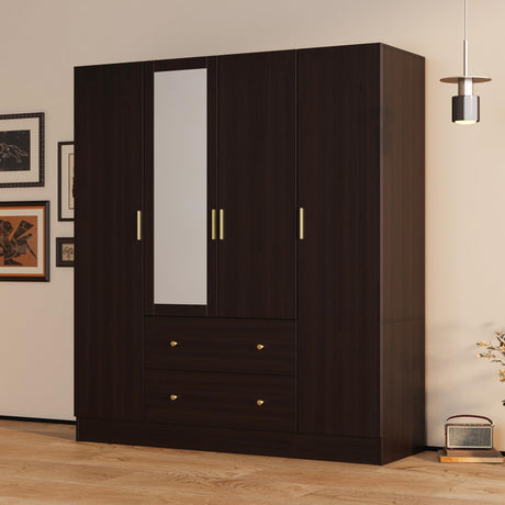 AGOTENI Large Bedroom Wardrobe Closet with 1 Mirror & 2 Drawers, 70.9" H Tall Armoire Clothes Closet with Doors and Shelves, Hanging Rod, Dark Brown AGOTENI