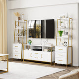 HITHOS 4-Tier Bookshelf, Tall Bookcase with 3 Wooden Drawers, Modern Ladder Book Shlef Storage Organizer for Living Room, Entryway, Office, White Gold HITHOS