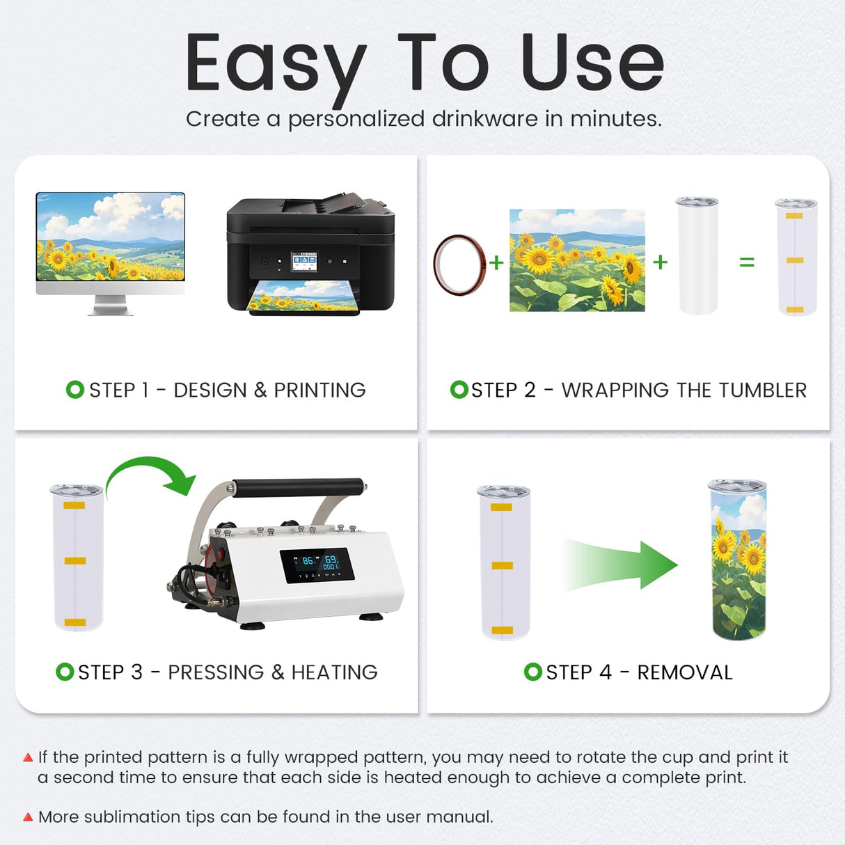 SAMONIC Tumbler Heat Press Machine Sublimation for 11-30oz Mug Tumbler Straight Cup with Sublimation Paper Heat Tape and Glove (White) SAMONIC