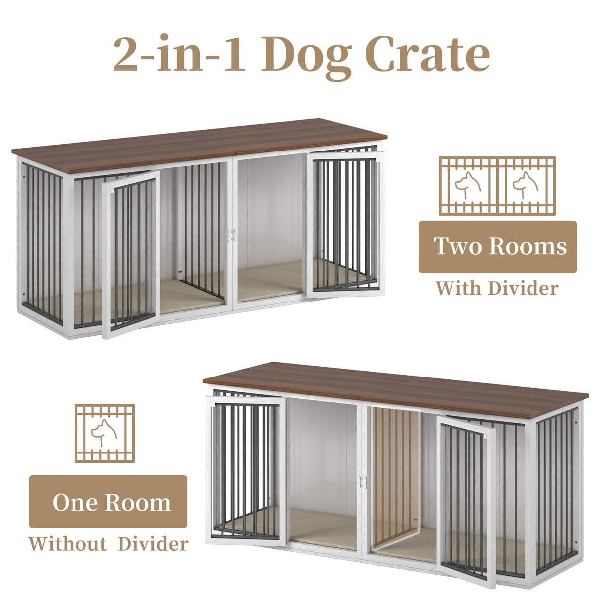 Large Dog Crate Furniture for 2 Dogs, 71.6" Pro XXL Heavy Duty Dog Kennel Furniture with Divider, Steel Frame Indoor Double Dog Crate for Large Medium Small Dogs, Warm White Neoriver