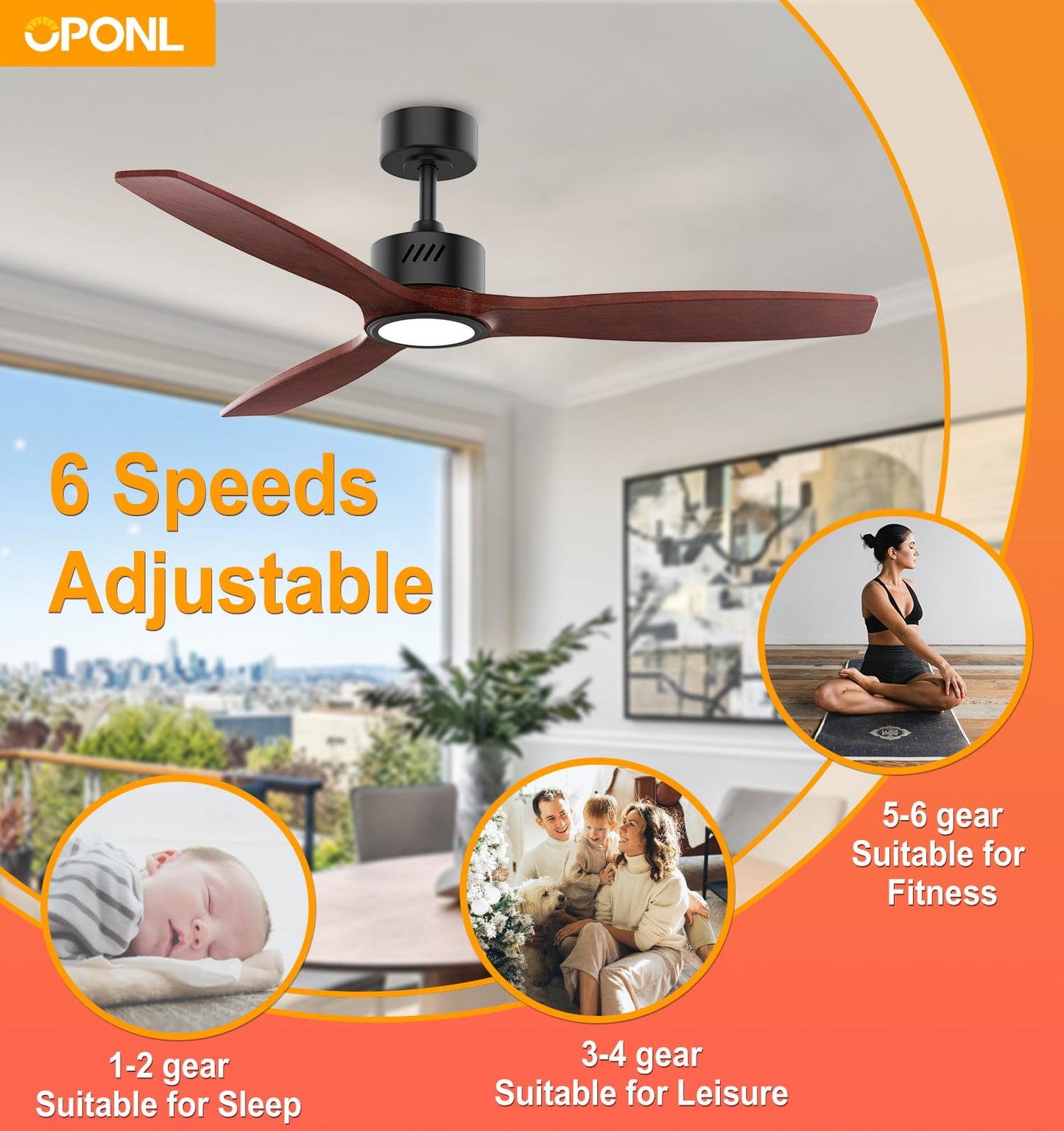 OPONL Natual Solid Wood Ceiling Fan with Light 52 Inch, Low Profile, Remote Control, Downrod Mount, Noiseless, Reversible, 6CCT, Dimmable, 6 speeds, Timeable, Ceiling Fans with Lights for Living Room