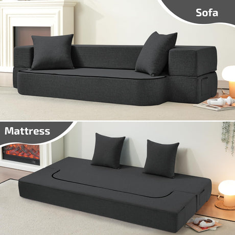 SUYOLS 2-in-1 Convertible Couch Bed with 2 Pillows - Folding Floor Couch & Sleeping Mattress - Washable Cover & Memory Foam Sleeper for Living Room/Guest Room/Home Office/Van Trip, Twin XL, Dark Grey SUYOLS