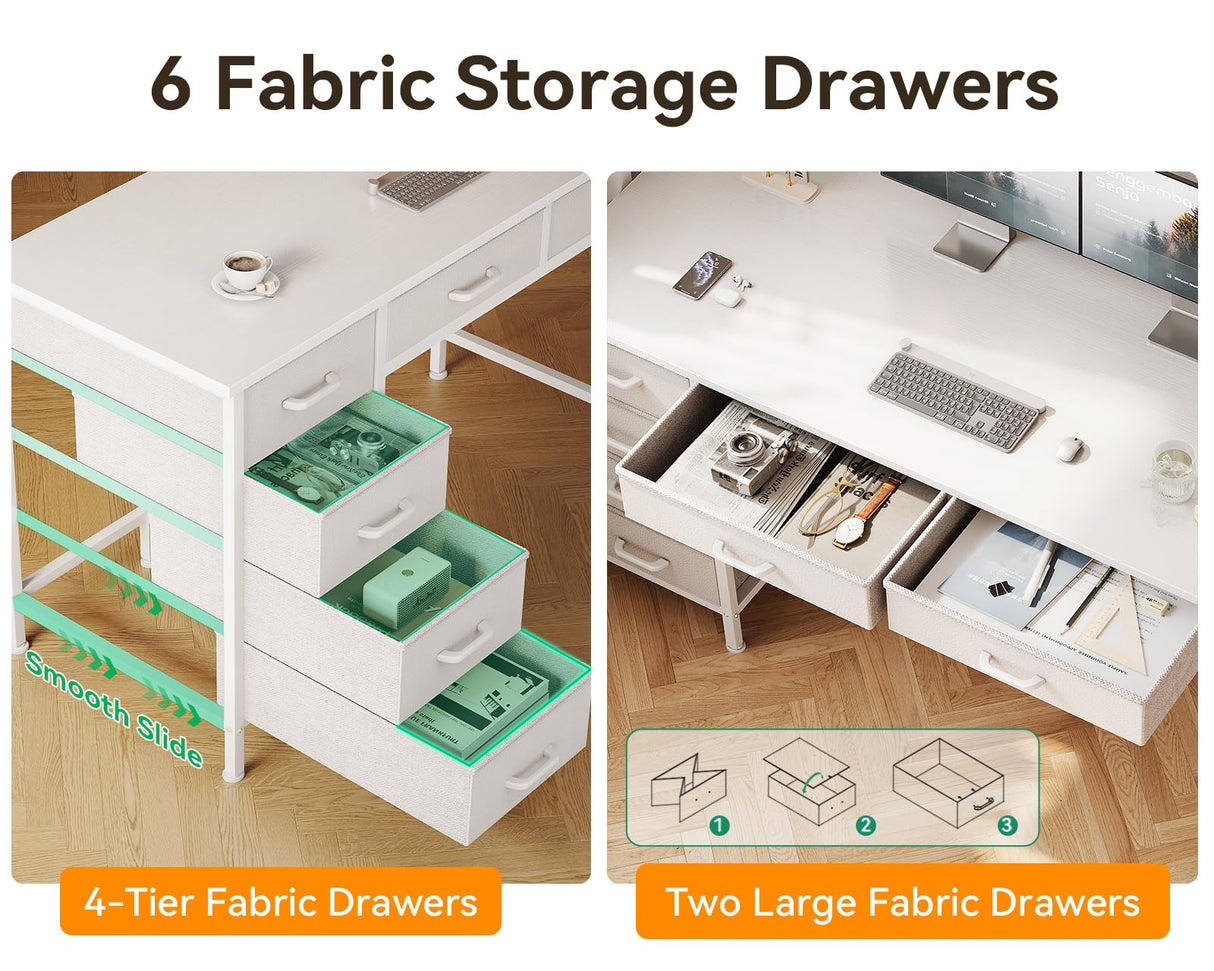 ODK Computer Desk with 6 Drawers, 40 Inch Small Desk with Storage, Reversible Desk with Headphone Hook for Home Office, Work Study Table for Bedroom, White ODK