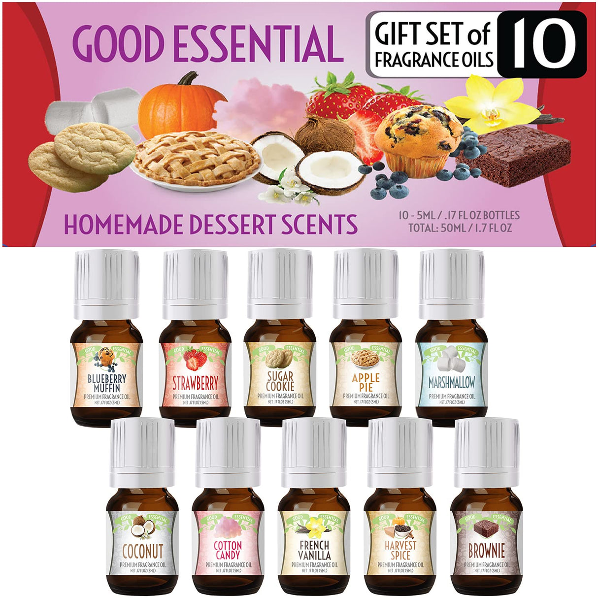 Good Essential Sweet Scents Fragrance Oil Set - 10 Pack Essential Oils for Halloween, Diffuser & Candle Making - Cotton Candy Essential Oil, Marshmallow Essential Oils & More - Essential Oils Set Good Essential