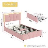 AOGLLATI Twin Bed Frame with 4 Storage Drawers & Charging Station,Upholstered Led Flower Twin Bed with Adjustable Headboard and Strong Wood Slat Support,No Spring Box Needed, Pink AOGLLATI