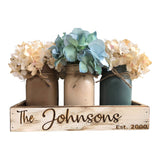 Personalized Name Established Date CUSTOM Tray ENGRAVED Wood Mason Canning Pint Quart JARS & Florals Optional Centerpiece Kitchen Table Decor Distressed Rustic Housewarming Wedding Anniversary Decor Wooden Hearts Inc