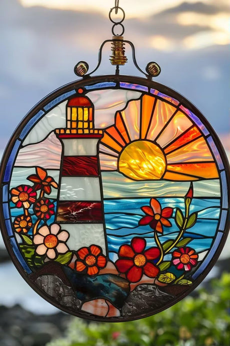 MHELC Diamond Painting Set Stained Glass Lighthouse, Sunrise and Flowers Adult Landscape Set, Glass Painting Suitable for Home Decoration, Digital Artwork and Leisure Activities 12x16 Inches MHELC