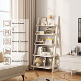AQIMUELE White Wooden Ladder Shelf with Edges, 5-Tier Modern Leaning Bookshelf Ladder – Stylish Space-Saving Bookcase for Living Room, Bedroom & Home Office AQIMUELE