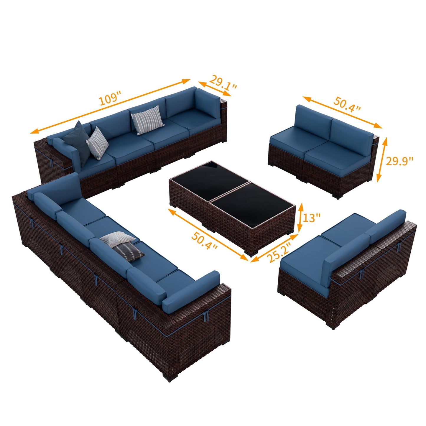 Amopatio Outdoor Patio Furniture Set, 14 Pieces PE Wicker Pit Sectional Sofa with Blue Cushions, Coffee Tables, All-Weather Covers, Patio Conversation Sets Fits Patio Deck Balcony Yard