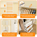 Sokiche Closet System with Drawers, 5FT-8FT Closet Organizer System with Shelves & Adjustable Hanging Rods, 96" Walk in Closet System Storage Wood, White Sokiche