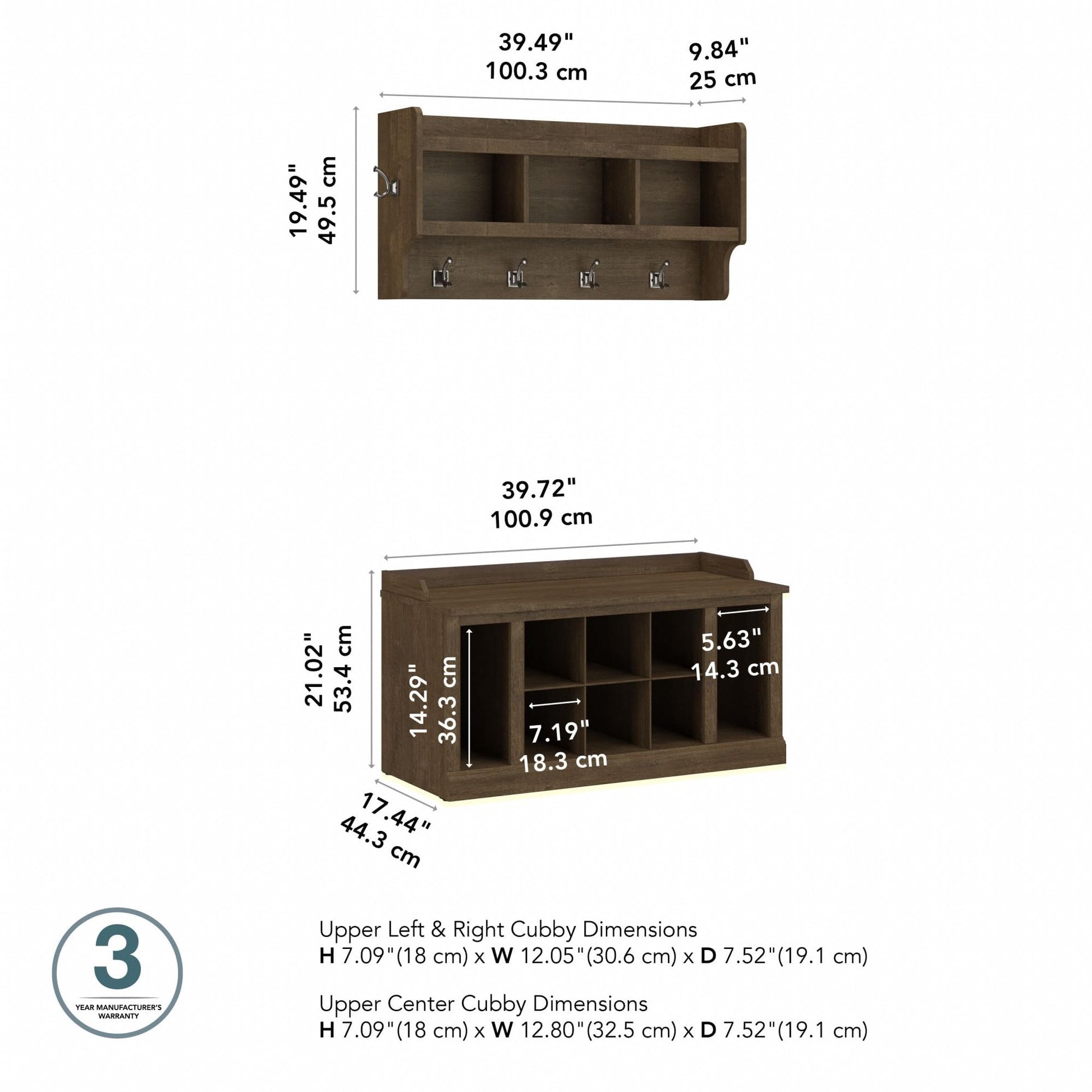 kathy ireland Home by Bush WDL004ABR 21-Inch Shoe Storage Bench and Coat Rack with 12 Shelves, Ash Brown - WoodArtSupply