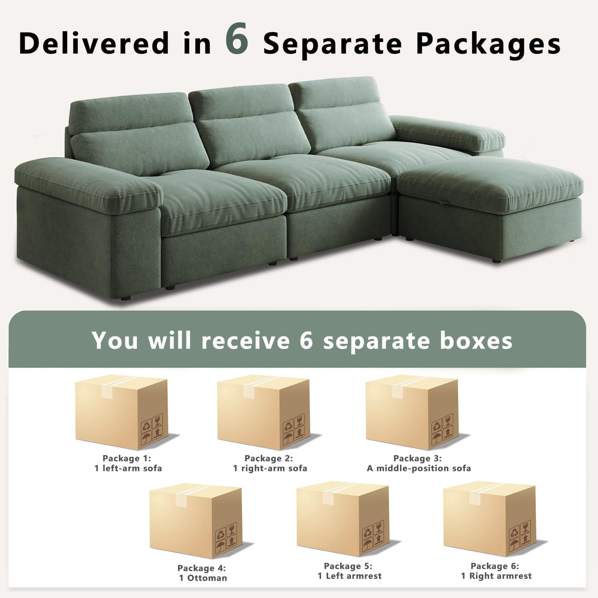 Sectional Modular Down Filled Sofa, Comfty Feather L Shape Cloud Couch for Living Room,114" Simple Couch,Adjustable Backrest,3Seat with Storage Ottoman for Office,Apartment (Green-3 Seat+Ottoman) Pistachio