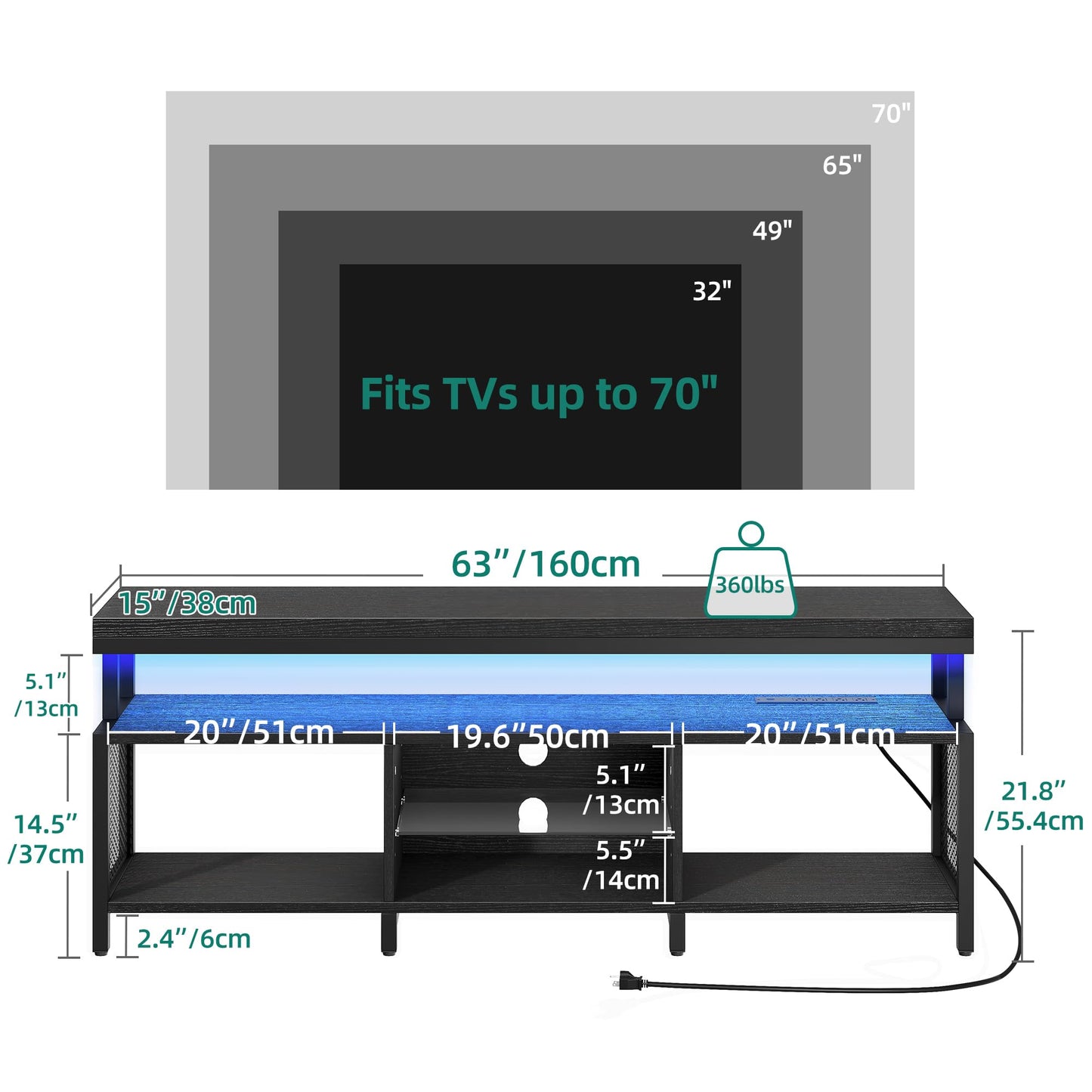 YITAHOME LED Television Stands w/Power Outlets for 70/65 inch, Modern Industrial TV Stand, Entertainment Center w/Open Storage TV Table, Entertainment Center for 360lbs for Living Room,Black - WoodArtSupply