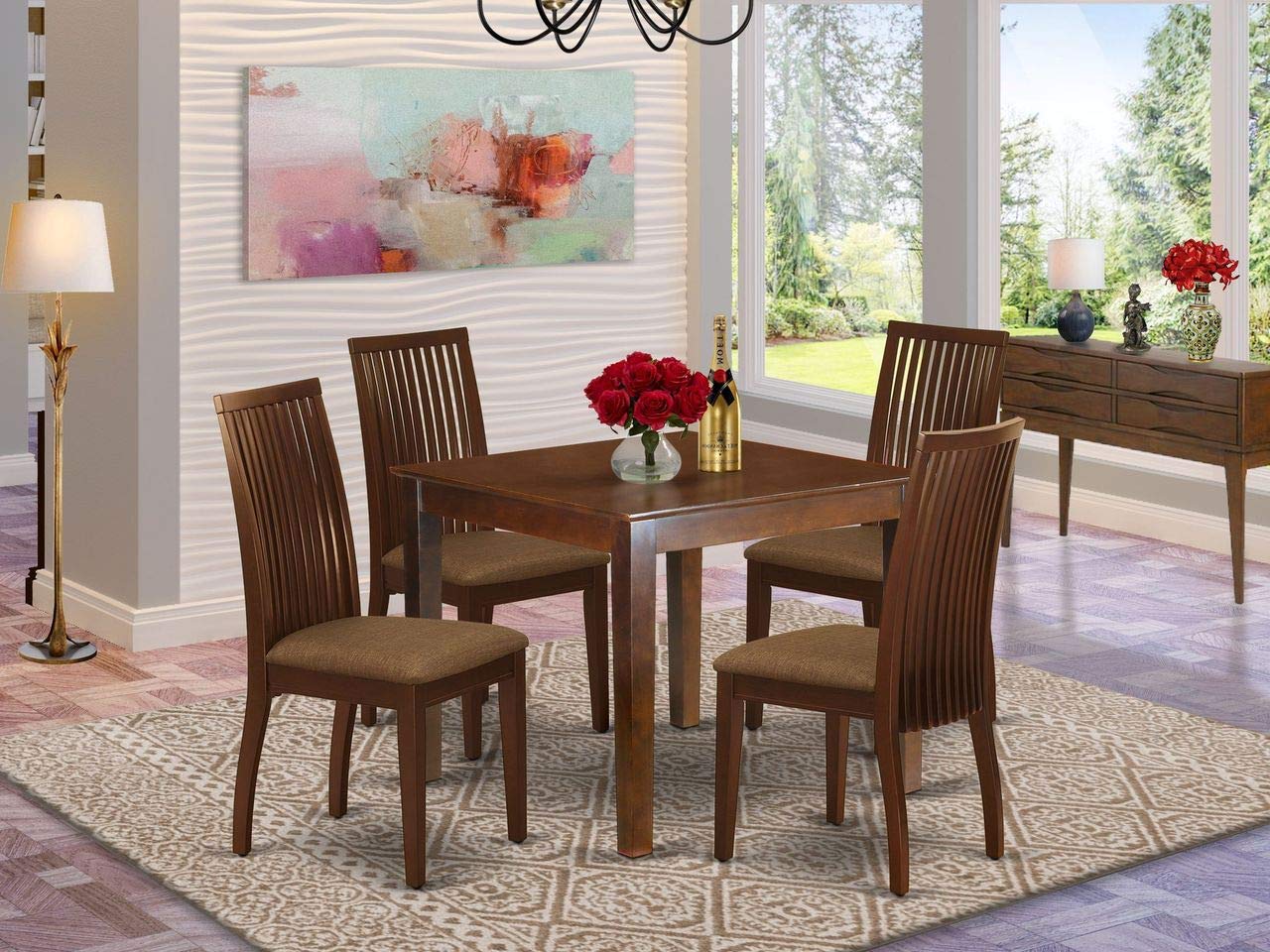 East West Furniture OXIP5-MAH-C 5 Piece Room Furniture Set Includes a Square Dining Table and 4 Linen Fabric Upholstered Chairs, 36x36 Inch - WoodArtSupply