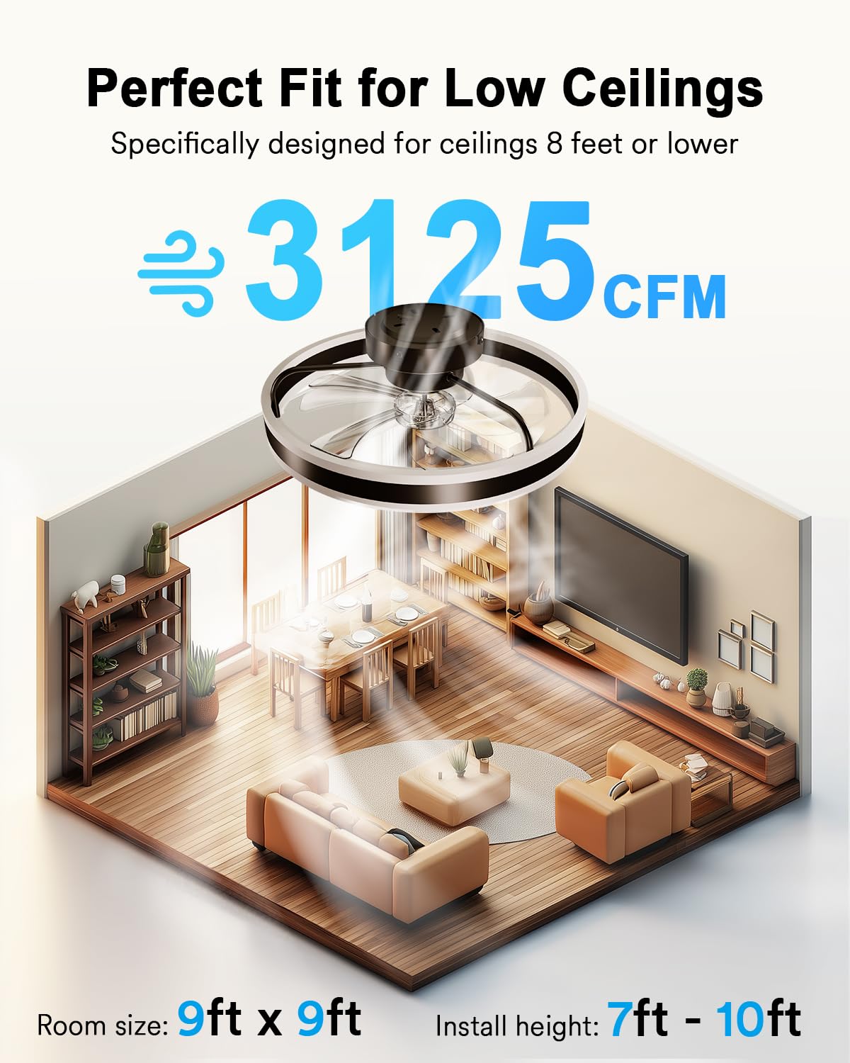 Lumary Smart WiFi Ceiling Fans with Lights, RGBAI Flush Mount Ceiling Fans with Lights and Remote, Dual Lighting Mode Modern LED Low Profile Ceiling Fan for Bedroom Works with Alexa Google, 20in Black Lumary