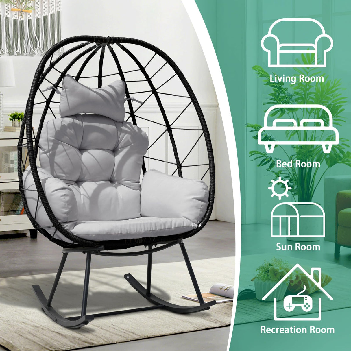 FKSLIFE Wicker Egg Chair Outdoor,Rocking Chair Outdoor with Cushion,330lb Capacity,All-Weather Rattan Patio Egg Chair Lounger for Room,Balcony,Backyard,Garden (Light Grey Cushion) FKSLIFE