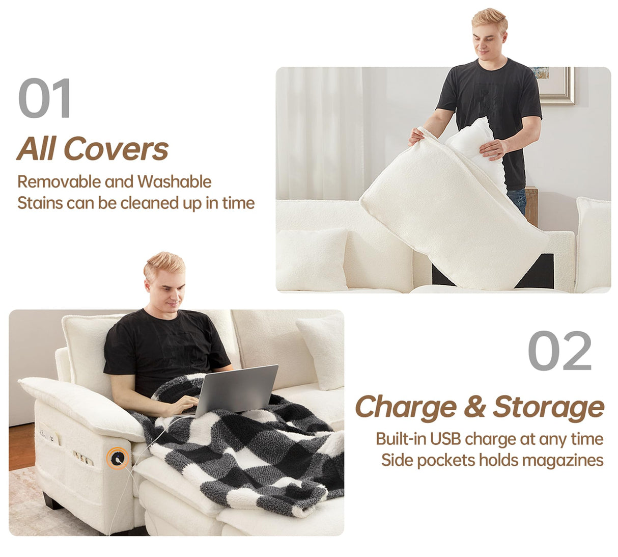 DURASPACE Modular Sectional Sofa L Shaped Cloud Couch with USB, Side Pocket, 76.8’’ Loveseat with Movable Ottoman, Comfy Deep Seat Sleeper Sofa for Living Room, Apartment, Office (Boucle White) DURASPACE