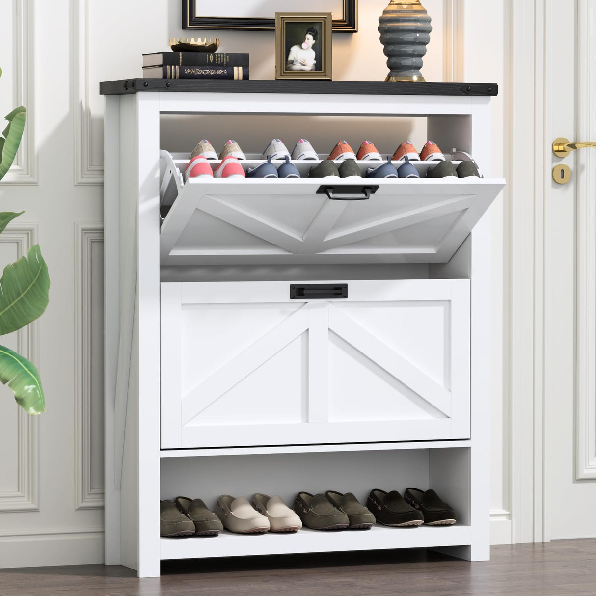 Loomie Farmhouse Shoe Cabinet,Free Standing Tipping Bucket Shoe Rack Organizer with 2 Flip Drawers,Entryway Narrow Shoe Storage,Modern Slim Hidden Shoe Cabinet with Doors & Storage Cubby, White Loomie