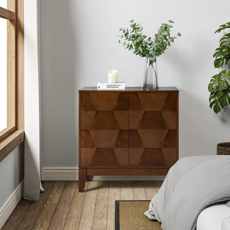 HULALA HOME Modern Buffet Cabinet Kitchen Storage Cabinet with 3D Geometric Design, Free Standing Sideboard Solid Wood Legs Adjustable Shelf, Walnut Accent Cabinet for Living Room Dining Room Hallway HULALA HOME