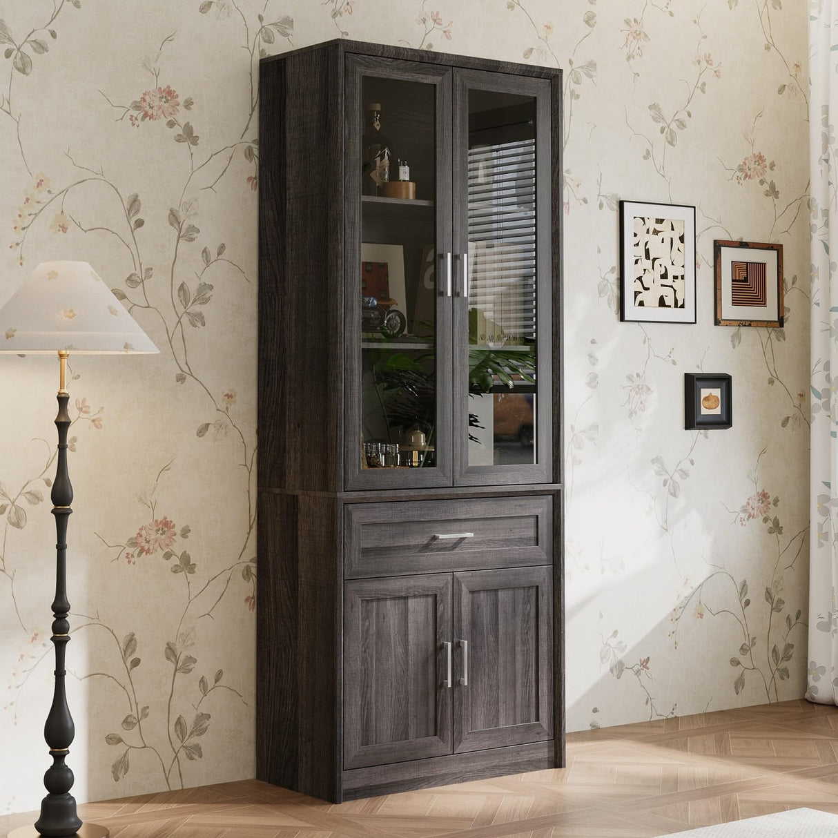 FAMAPY Display Cabinet with 2 Glass Doors, Display Case with Shelves & Drawer for Curio Trophy, Farmhouse Storage Cabinet for Living Room Home Office, Black, 15.7”D x 31.5”W x 79.9”H FAMAPY