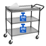 WDT Heavy Duty 3 Tier Utility Cart,Wire Rolling Cart with Wheels, Commercial Grade Service Cart with Shelving Liners and Handle Bar Metal Carts for Kitchen Office Hardware (750LBS Capacity Black) WDT