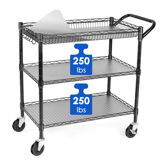 WDT Heavy Duty 3 Tier Utility Cart,Wire Rolling Cart with Wheels, Commercial Grade Service Cart with Shelving Liners and Handle Bar Metal Carts for Kitchen Office Hardware (750LBS Capacity Black)