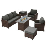 UDPATIO Outdoor Patio Furniture Set with 44" Fire Pit Table, 6 Pieces Sectional Conversation Sets, All-Weather Wicker Rattan Sofa Ottoman with 4" Thick Cushion for Garden Backyard Deck, Dark Grey UDPATIO