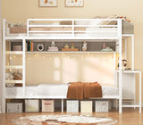 VIAGDO Bunk Bed Twin Over Twin with Charging Station and LED Lights, Heavy Duty Metal Bunk Bed with Desk and 3 Storage Drawers, Utility Storage Shelf and Boxes, No Box Spring Needed, White VIAGDO