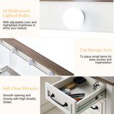 YUMPIE 55" Farmhouse Vanity Desk with Large Mirror & Lights, Glass Top Large Makeup Vanity Table with 10 Hollywood Lights Bulbs, Charging Station, 5 Drawers, Dressing Table for Bedroom, Rustic White YUMPIE