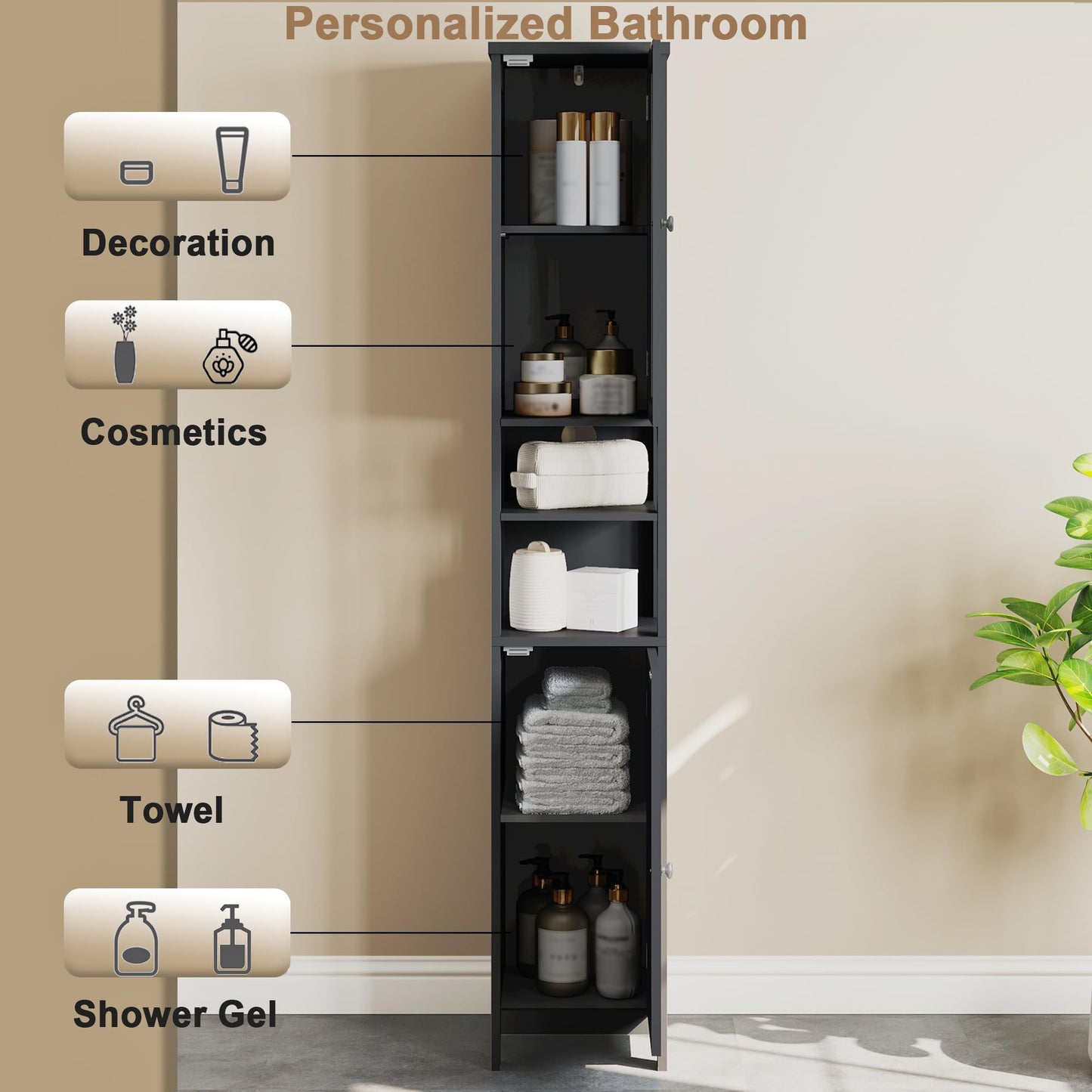 ChooChoo Tall Bathroom Storage Cabinet with Light，5-Tier Narrow Bathroom Cabinet with 2 Doors, Slim Storage Linen Cabinet Freestanding with Adjustable Shelves for Space Saving, Black