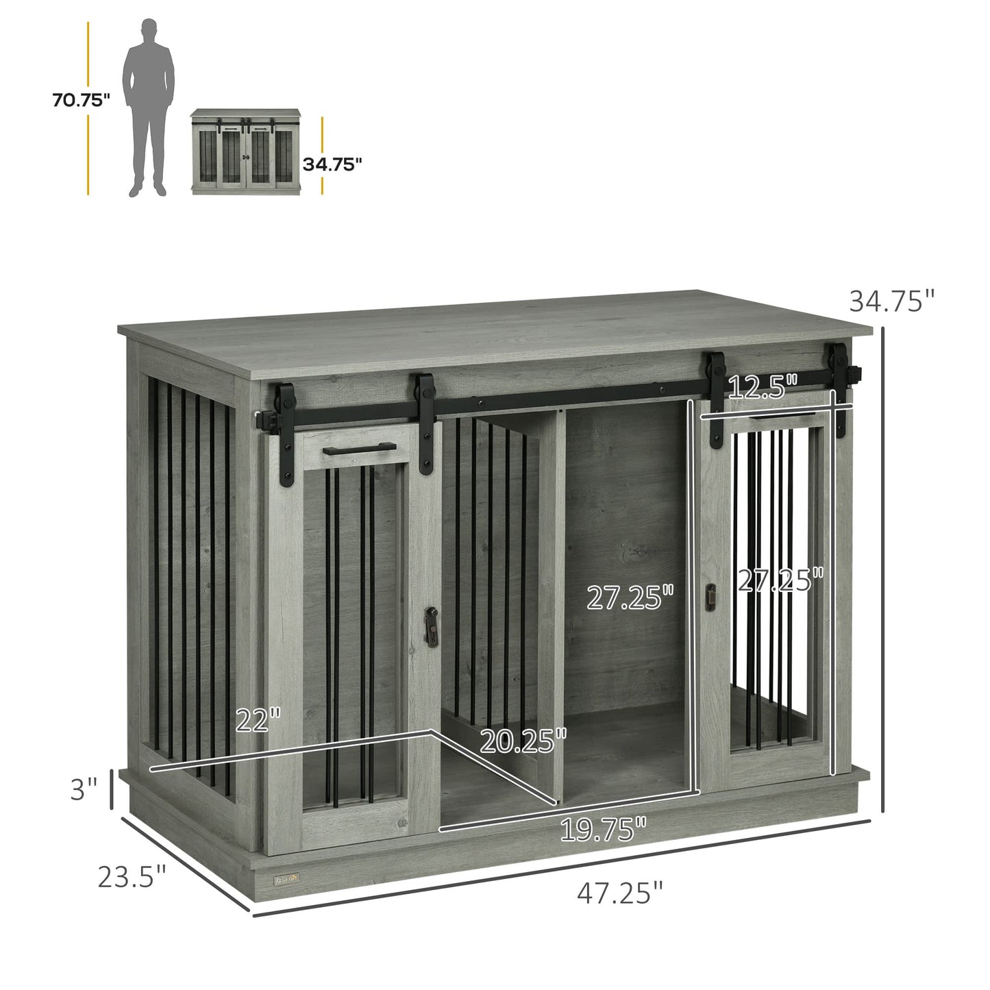 PawHut Dog Crate Furniture with Divider, Dog Crate End Table for Small to Large Dogs, Large Indoor Dog Kennel with Double Doors, 47" W x 23.5" D x 35" H, Gray