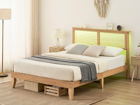 GarveeHome Rattan Bed Frame Queen, Natural Rattan Headboard Queen Bed Frame with Led Lights, Noise-Free Platform Bed Frame with Wooden Support Legs and Slats, Easy Assembly, No Box Spring Needed GarveeHome