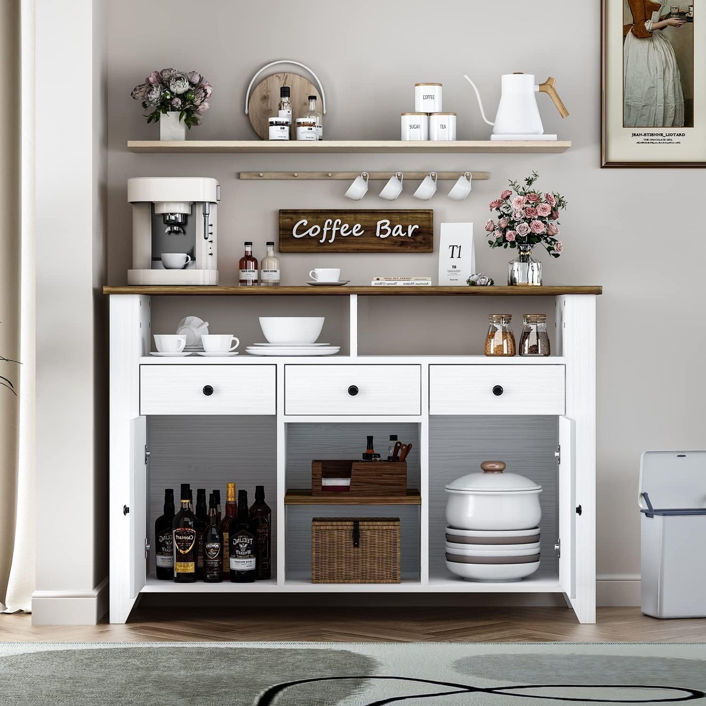 4ever2buy White Coffee Bar Cabinet with Storage, 47'' Kitchen Buffet Storage Cabinet with 3 Drawers and 2 Doors, Farmhouse Coffee Bar with Open Shelf, Coffee Bar Table for Living Room