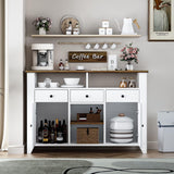 Elegant White Coffee Bar Cabinet with Storage - 47'' Farmhouse Buffet with 3 Drawers, 2 Doors, and Open Shelf 4ever2buy