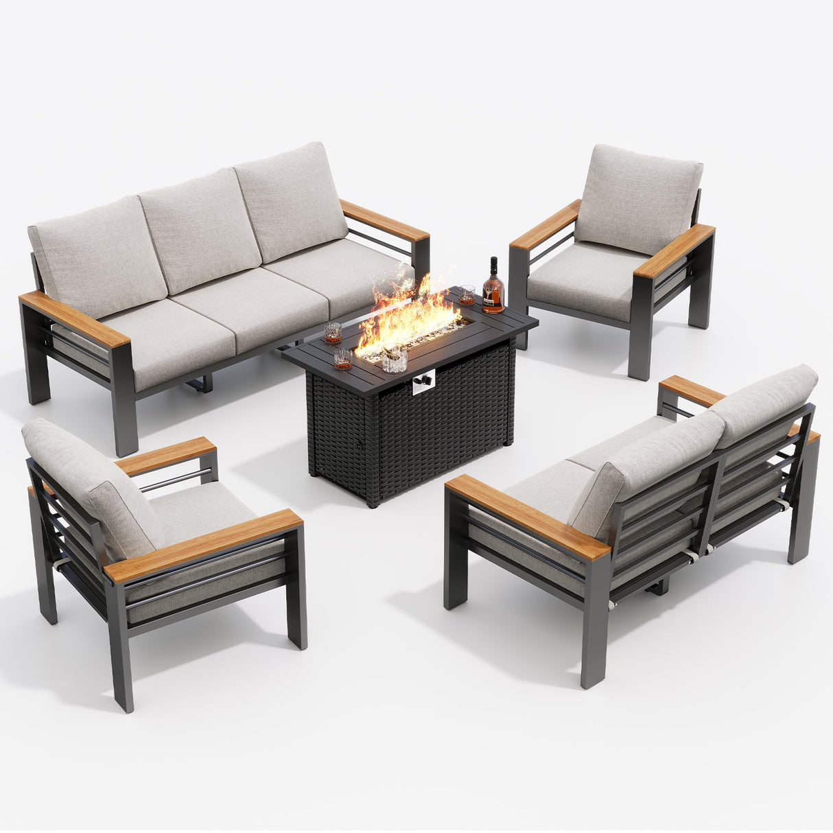 Aoxun Aluminum Outdoor Patio Furniture Set, 8-piece Outdoor Sectional with 44'' Propane Gas Firepit Table, Patio Conversation Sets with Upgraded Armrests and Cushions for Backyard, Garden and Poolside Aoxun