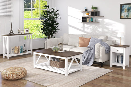 ChooChoo Farmhouse Coffee Table, Rustic Vintage Living Room Table with Shelf, 40 White ChooChoo