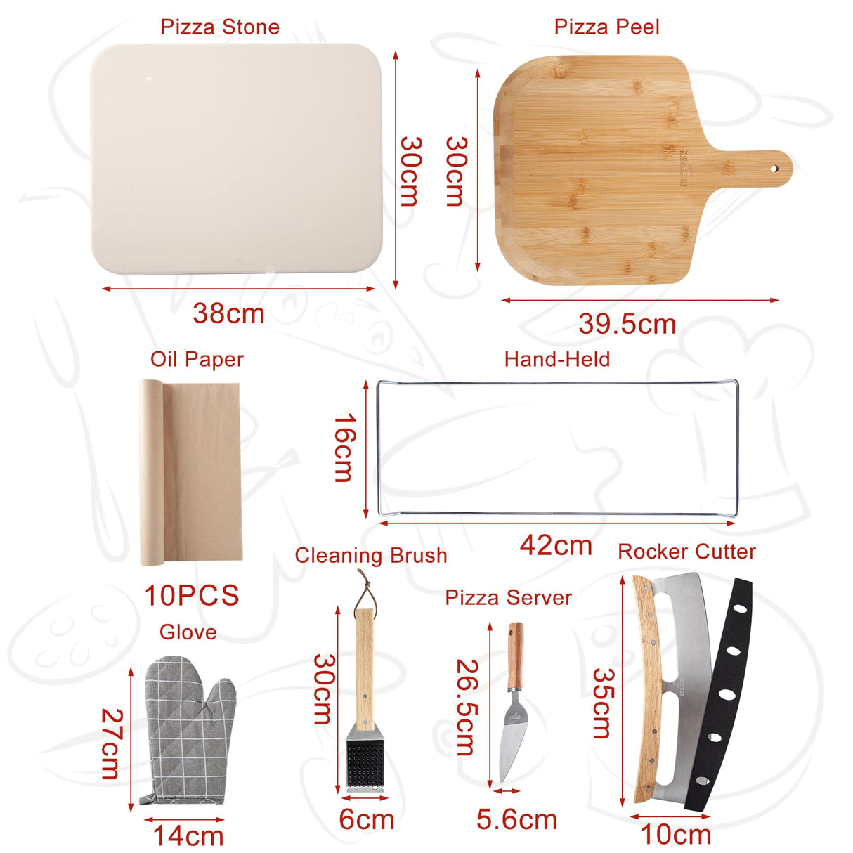 Zonzest Pizza Stone Set 8PCS – Professional 15" Large Pizza Stone for Oven and Grill With Pizza kit, Pizza Cutter, Server, Pizza Peel, Gloves, Baking Paper Baking Stone for Grill -Pizza Peel Set ZONZEST