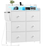 REAHOME Dresser for Bedroom with Charging Station and LED Lights, 6 Drawers Dresser TV Stand with Wooden Top, Tall Fabric Chest of Drawer with Sturdy Frame for Closet, Living Room, Hallway, White REAHOME