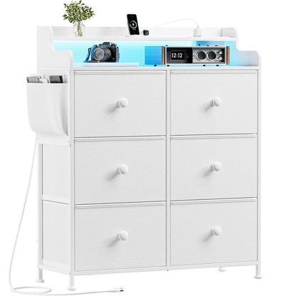 REAHOME Dresser for Bedroom with Charging Station and LED Lights, 6 Drawers Dresser TV Stand with Wooden Top, Tall Fabric Chest of Drawer with Sturdy Frame for Closet, Living Room, Hallway, White