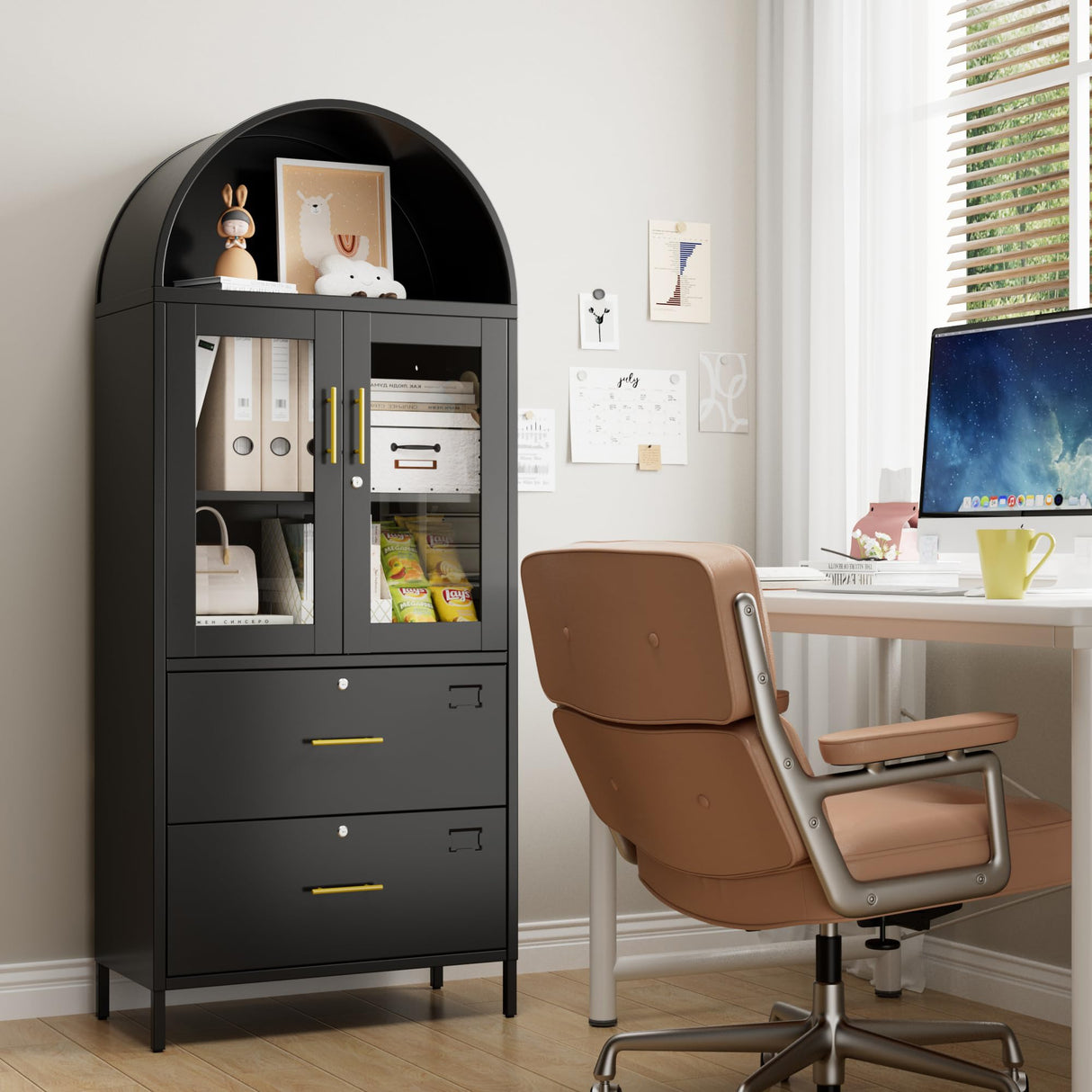 GangMei 2 Drawer Lateral File Cabinets for Home Office, 73 inch Tall Metal Arch Cabinet with Locking Glass Doors, Black Arched Bookcase with Drawers for A4/Letter/Legal File(Assemble Required) GangMei