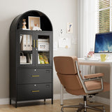 GangMei 2 Drawer Lateral File Cabinets for Home Office, 73 inch Tall Metal Arch Cabinet with Locking Glass Doors, Black Arched Bookcase with Drawers for A4/Letter/Legal File(Assemble Required) GangMei
