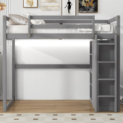 Contemporary Gray Full Size Loft Bed with Integrated Wardrobe and Storage, LED Light & Guardrails - WoodArtSupply