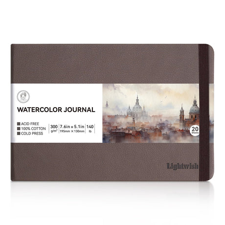 Lightwish Watercolor Journal, 100% Cotton Cold Press Watercolor Paper Sketchbook 7.6” x 5.3”, 20 Sheets (140lb/300gsm), Acid-Free for Watercolors, Gouache, Acrylics LIGHTWISH