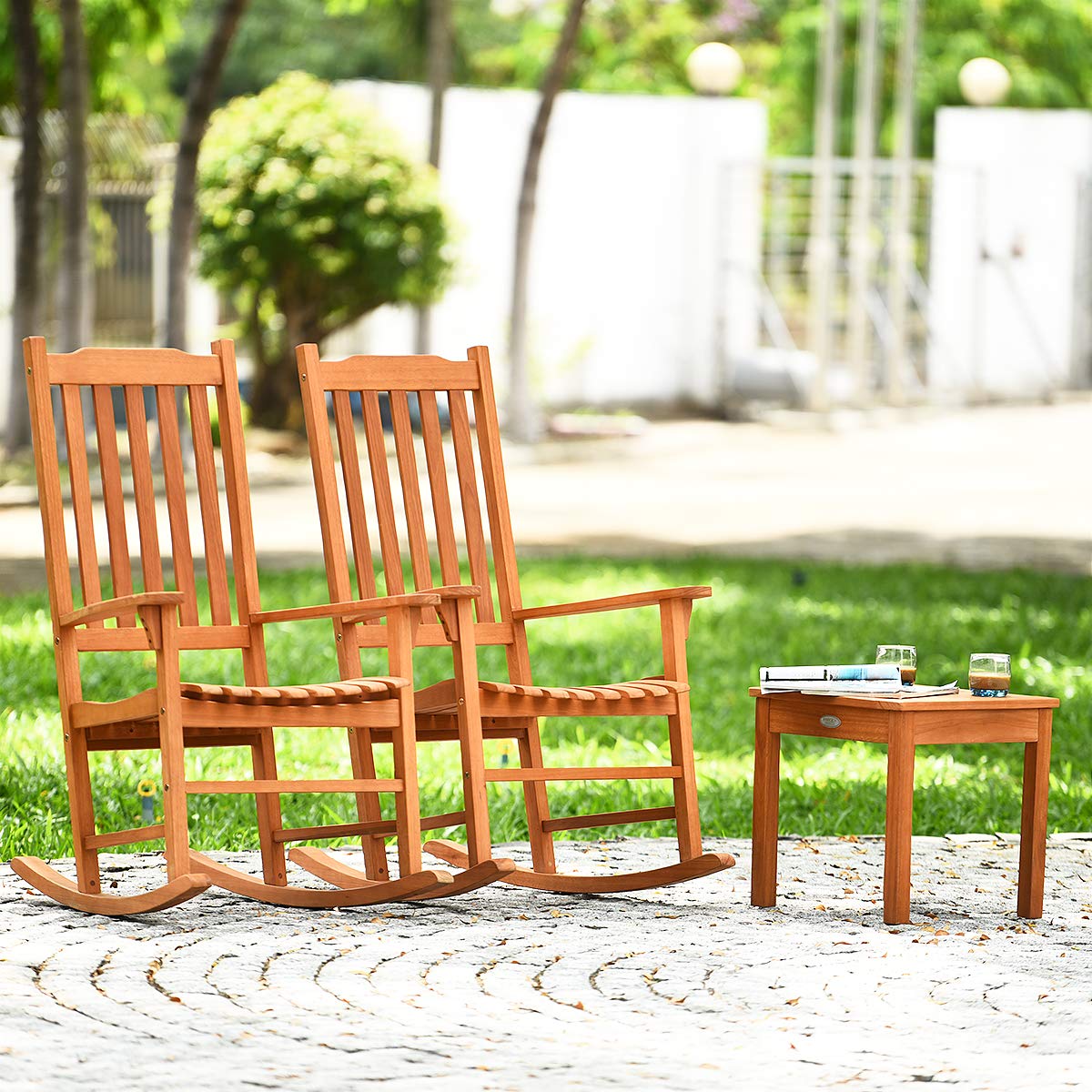 Giantex 3 Piece Patio Rocking Chair Set, Outdoor Wood Conversation Set w/ 2 Rockers & 1 Coffee Table, Eucalyptus Wooden Rocking Bistro Set for Backyard Porch Poolside Lawn - WoodArtSupply