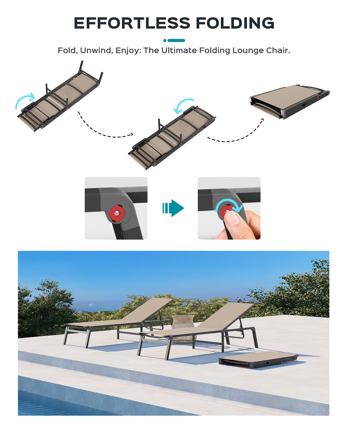 Patio Chaise Lounge Chair, Foldable Lounge Chair for Outside, Aluminum Chairs Set of 2 with 5 Adjustable Backrest, Outdoor Pool Lounger for Poolside, Lawn, Deck, Khaki Ciokea