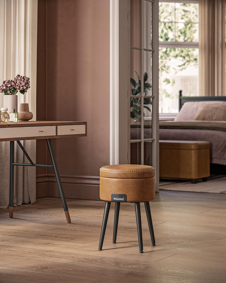 VASAGLE EKHO Collection - Storage Ottoman, Vanity Chair Stool, Synthetic Leather with Stitching, Mid-Century Modern, Round Storage Seat with Steel Legs, Loads 330 lb, Caramel Brown ULOM005K01 VASAGLE