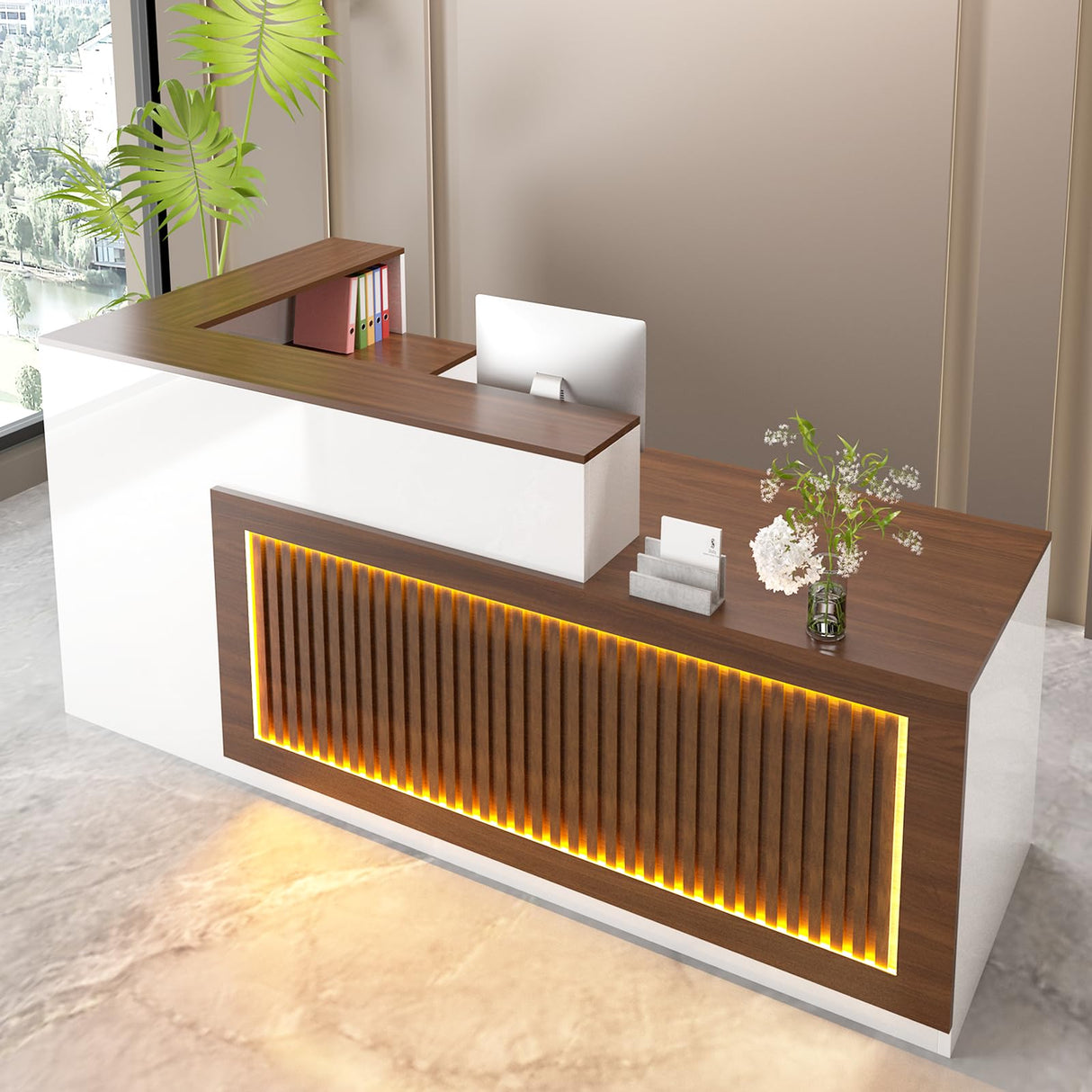 L-shaped Reception Desk, Solid Wood Reception Desk with Counter, Check out Stand with Lockable Drawer & Cabinet, Retail Checkout Counter for Office, Store, Beauty Salon (L-Shaped-Dark Walnut-R, 63in) Gguileb