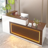 L-shaped Reception Desk, Solid Wood Reception Desk with Counter, Check out Stand with Lockable Drawer & Cabinet, Retail Checkout Counter for Office, Store, Beauty Salon (L-Shaped-Dark Walnut-R, 63in) Gguileb